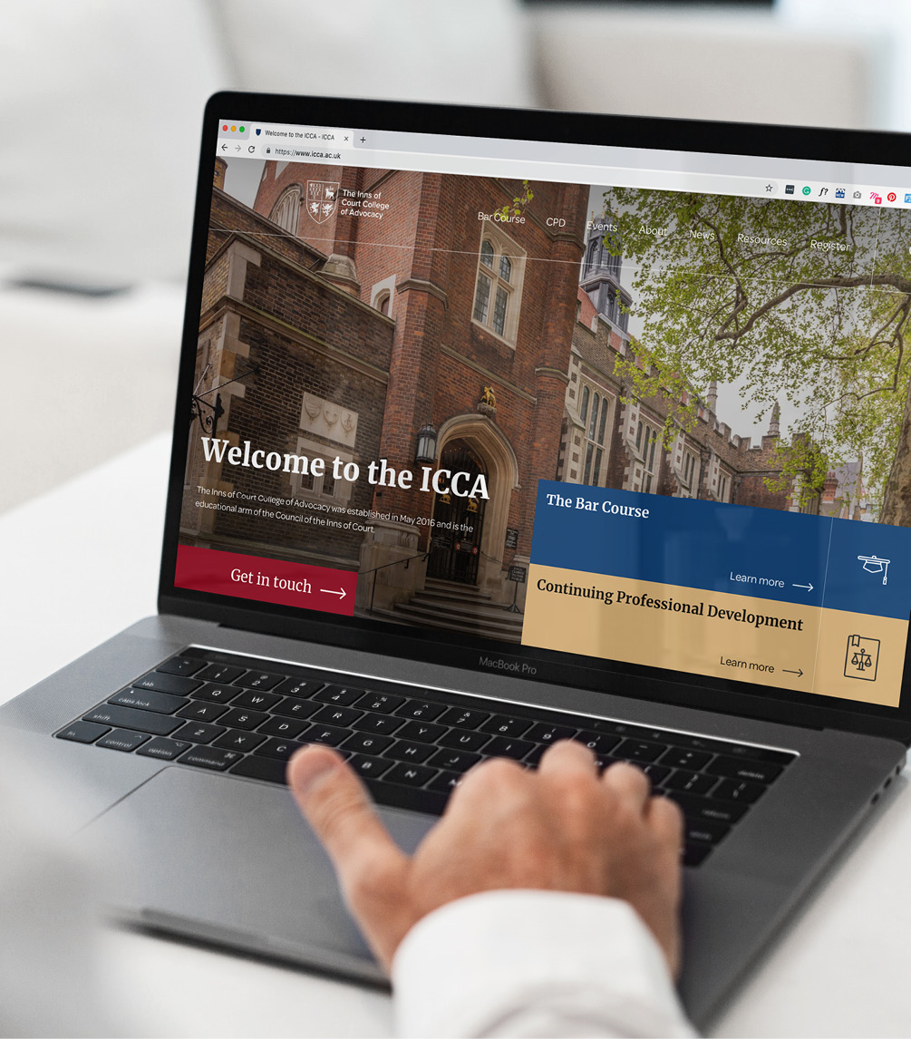 Inns of Court College of Advocacy (ICCA) website shown on a laptop