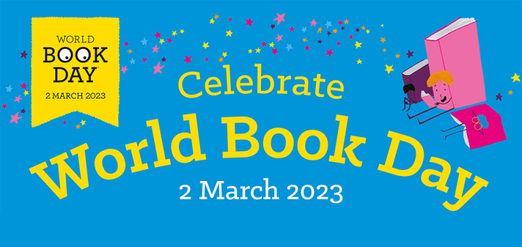 World book day banner showing the date 2 March 2023 and the WBD logo, with illustrations by Allen Fatimaharan