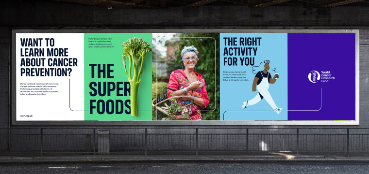 Billboard posters showing messaging about healthy lifestyles for cancer prevention, using the colourful new WCRF brand