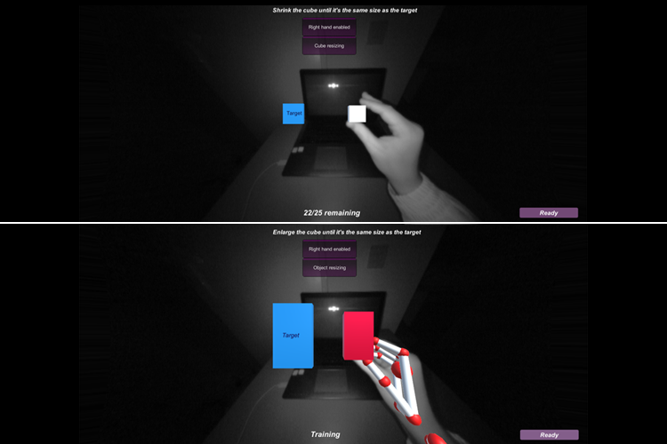 The mixed reality, gesture recognition system showing the "no hand" (top) and "hand" (bottom) conditions