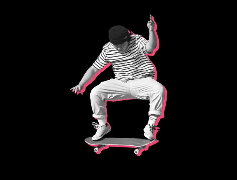 A student in mid-air on a skateboard, in the signature Herts SU 'cut out' style, with an offset edging in electric watermelon pink, against a black background. 