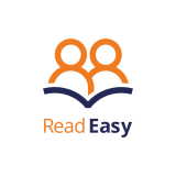 Read Easy logo with icon representing two people looking at a book. Colours are orange and navy blue. 