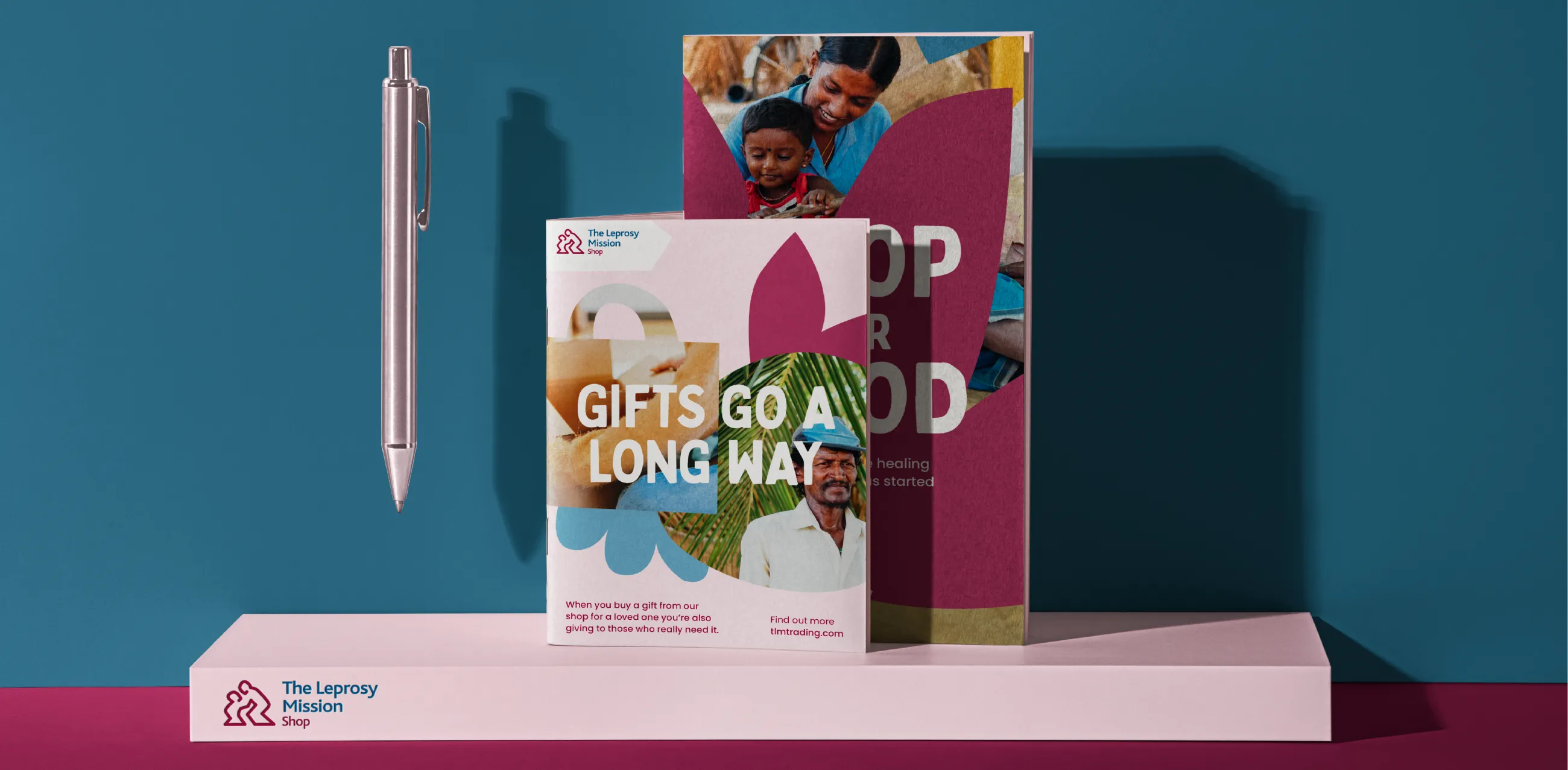 Leprosy Mission Shop branded gift catalogue, brochure and pen