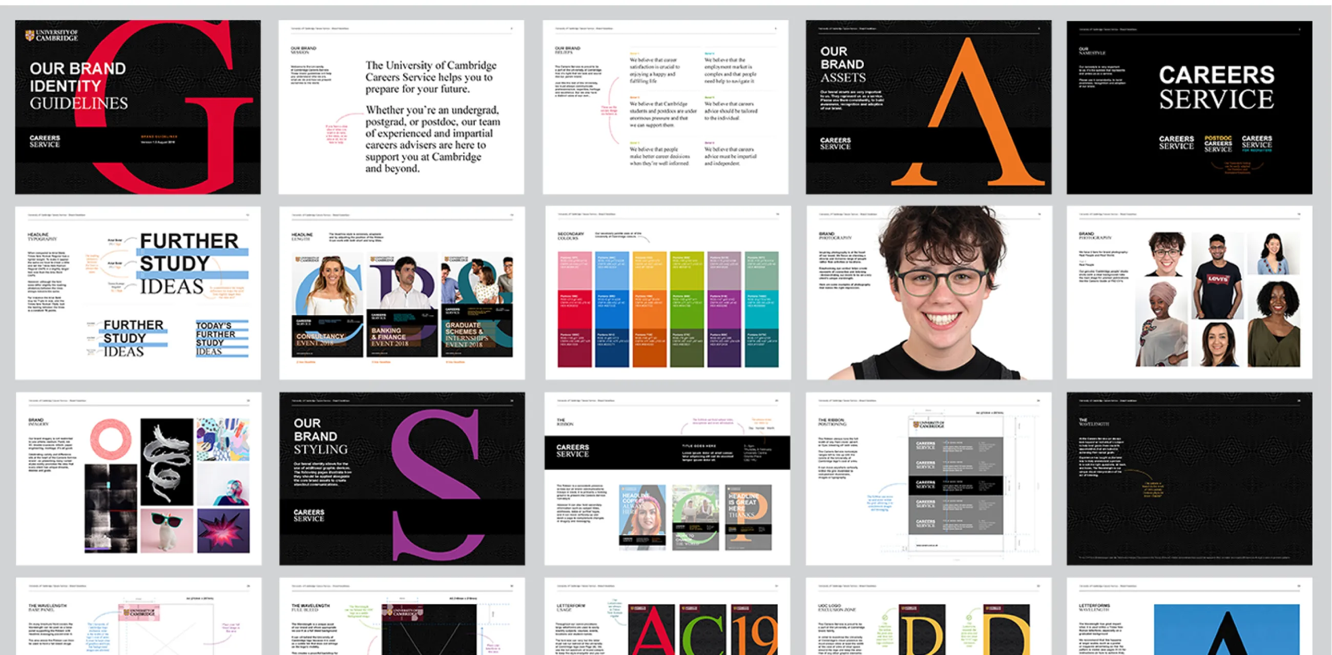 Grid of pages from the brand guidelines for University of Cambridge Careers Service