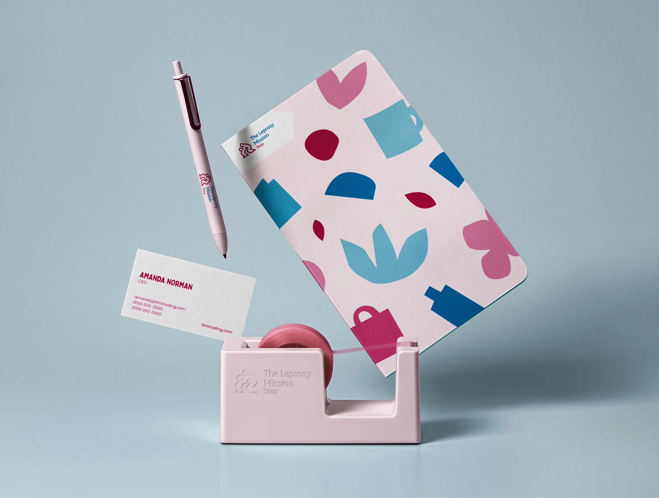 Leprosy Mission Shop branding on stationery items and business cards