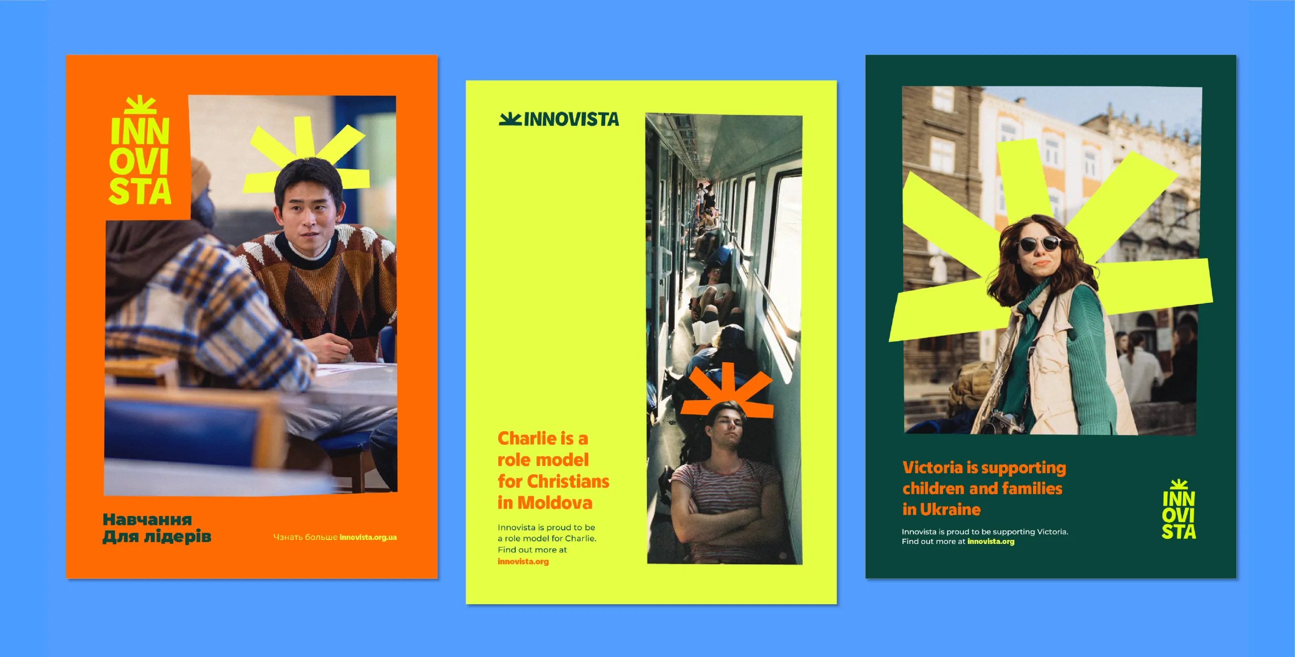 A set of Innovista posters in the brand's signature colours, with featured photos of Innovista leaders and the sunrise icon behind them