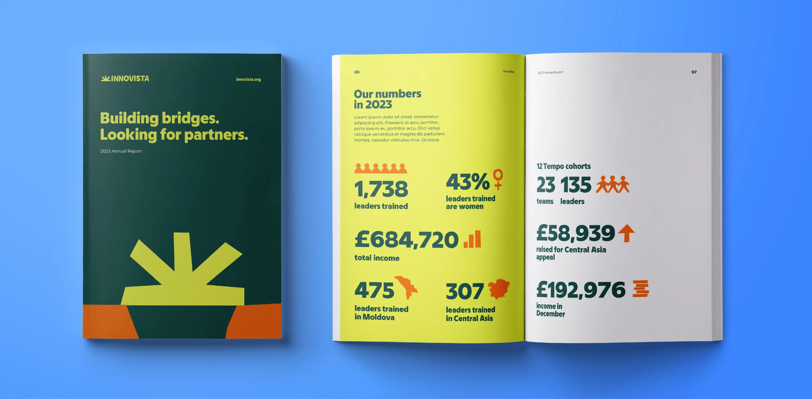An annual report cover and double page spread showing how the new visual identity can be applied to print documents