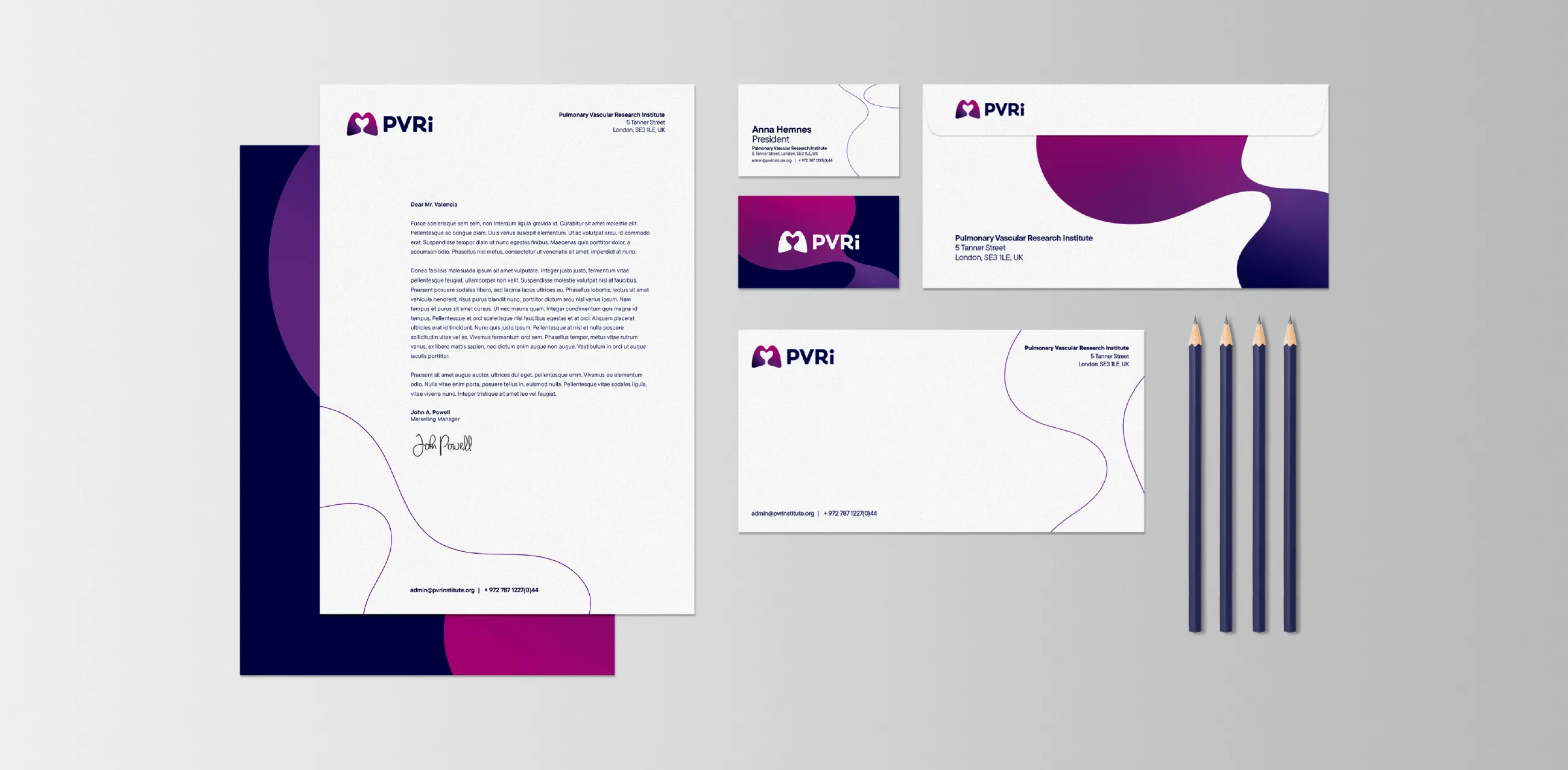 Branded PVRI stationery: letterhead, business cards, compliments slip, envelope and pencils